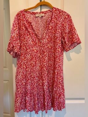 LOFT Red-Pink Floral V-Neck Short Dress